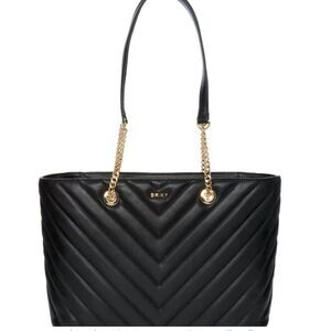 DKNY Veronica Medium Tote Bag Vegan Chevron Stitched Black Leather Shoulder Bag